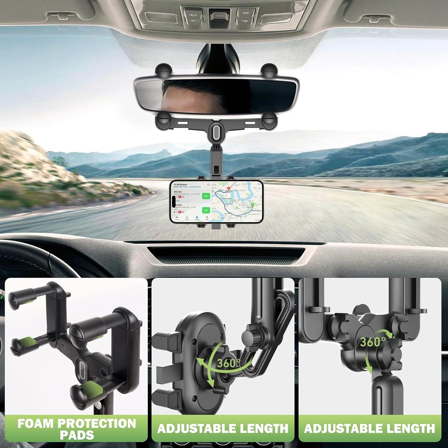 Rear View Mirror Phone Holder For Car - Multifunctional 360 Rotatable Holder with Retractable Curved Handle for All