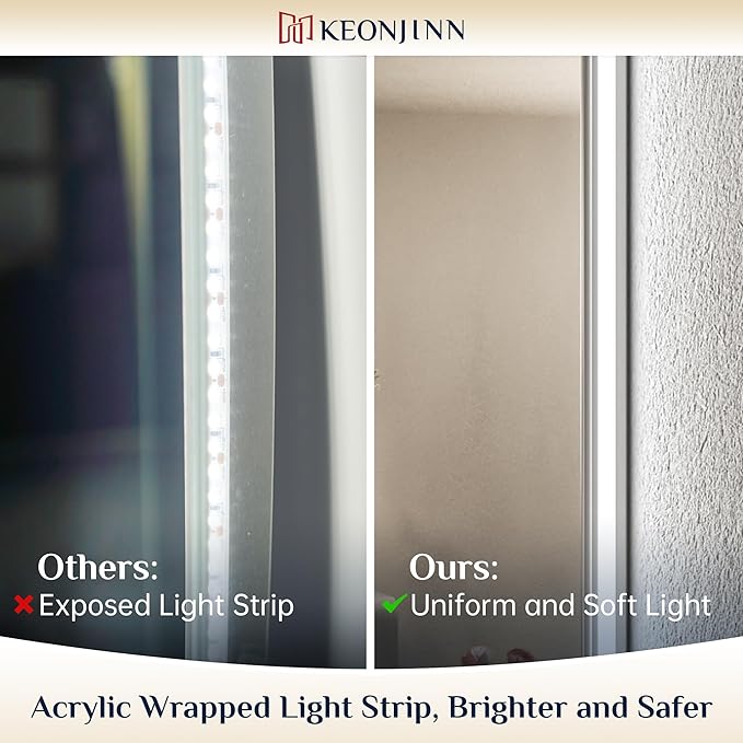 Keonjinn Bathroom Mirror with Lights 60 x 36 Inch, LED Mirror with Backlit, Anti Fog Lighted Mirror with Stepless Dimmable, UL Listed LED Driver, Waterproof, CRI90+, HD Tempered Glass