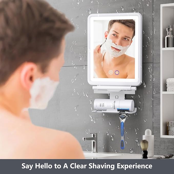 Heated Shower Mirror Fogless for Shaving, 3 Colors Stepless Dimmable Lights Fogless Mirror for Shower, Rechargeable Anti Fog Shaving Mirror for Shower with Razor Holder, Light Memory Function, White