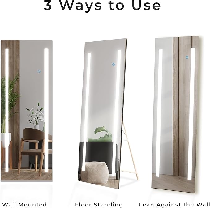 Full Length LED Lighted Free Standing Floor Mirror with ON/OFF Touch Button for Makeup, Dressing in Bedroom & Living Room 19"x59" by Fab Glass and Mirror