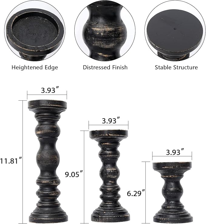 SWALLOWLIVING Rustic Farmhouse Wood Pillar Candle Holder Set of 3 for Candlestick, Black