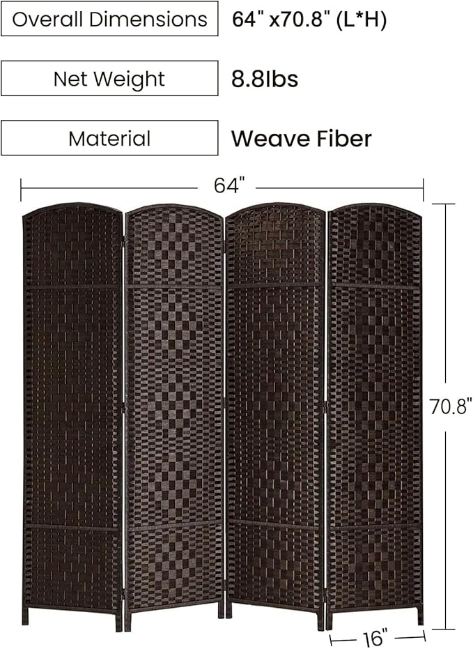 Rose Home Fashion Room Divider, 6 ft Tall Room Dividers and Folding Privacy Screens, 16in Privacy Screen 4 Panel Dark Coffee Space Temporary Wall Foldable Partition Separation