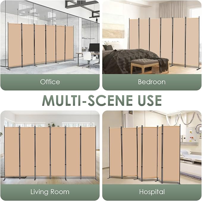 RANTILA 6 Panel Room Divider, 6 FT Folding Privacy Screen with Wide Feet, Freestanding Partition for Room Separation, Portable Room Divider Panel, 133" W x 71" H, Beige