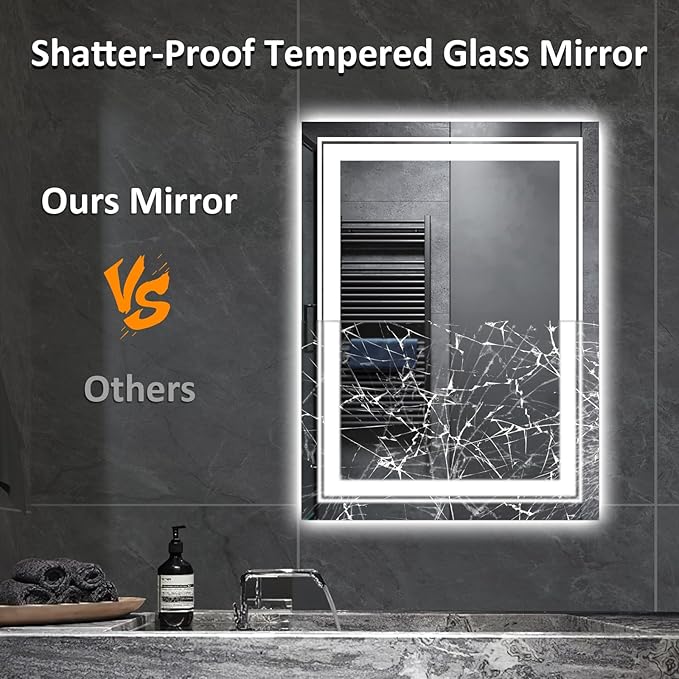 28" x 20" LED Bathroom Mirror with Lights, Front and Backlit Mirror, Anti-Fog Lighted Vanity Mirror, Stepless Dimmable, 3 Colors LED Mirror (Horizontal/Vertical)
