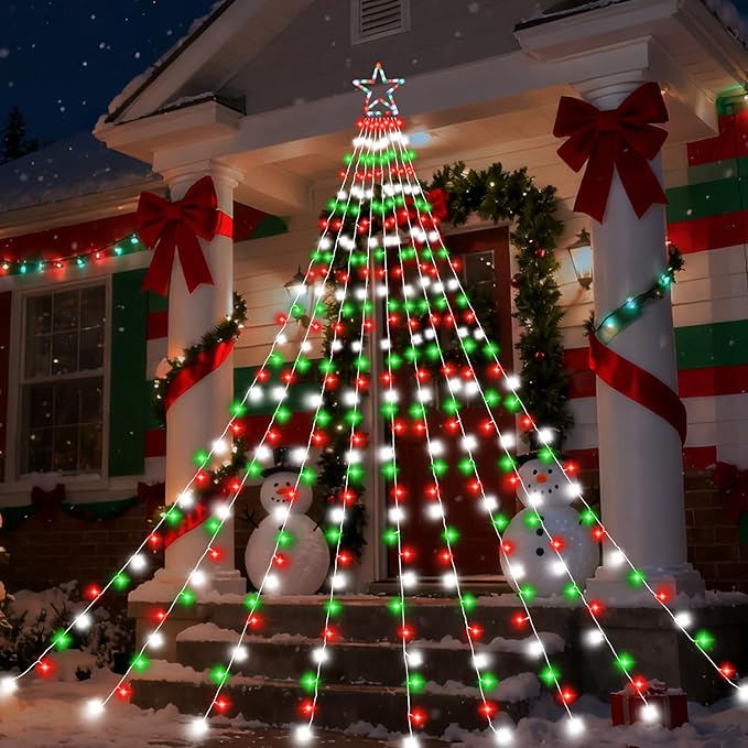 FUNIAO Outdoor Christmas Decorations Star Lights, 320 LED Hanging Twinkle Fairy String Lights Outside Tree Decoration Lights for Christmas, Yard, Garden, New Year (Plastic Star-Red White Green)