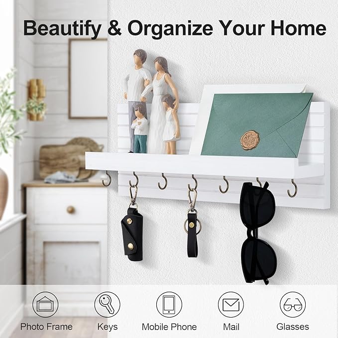Decorative Key Holder for Wall with Shelf, Entryway Shelf with Hooks Holds Leashes, Jackets and Glasses – Sturdy Wood Keyholder Entrance Hanger with Mounting Hardware (White, Large)