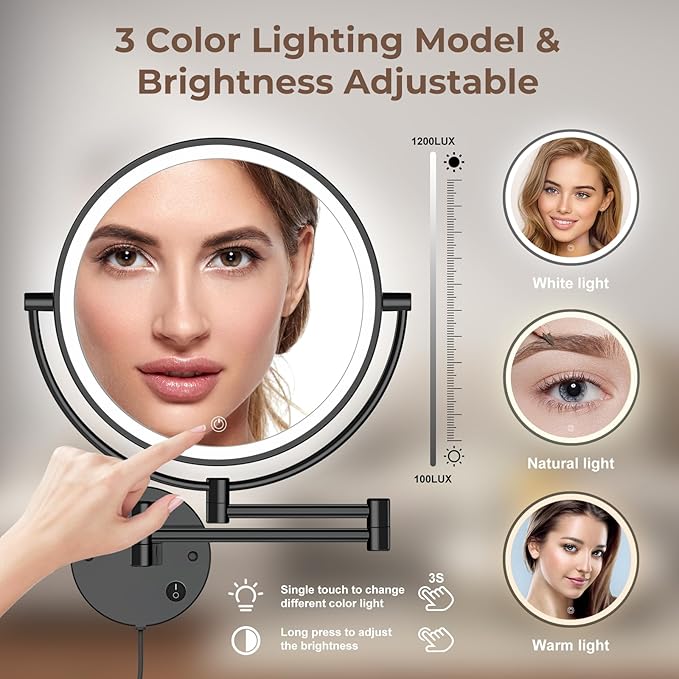 Rocollos 9" Plug-in Wall Mounted Lighted Makeup Mirror 1X/10X Magnification, Super Large Double Sided LED Vanity Mirror for Bathroom (Black)