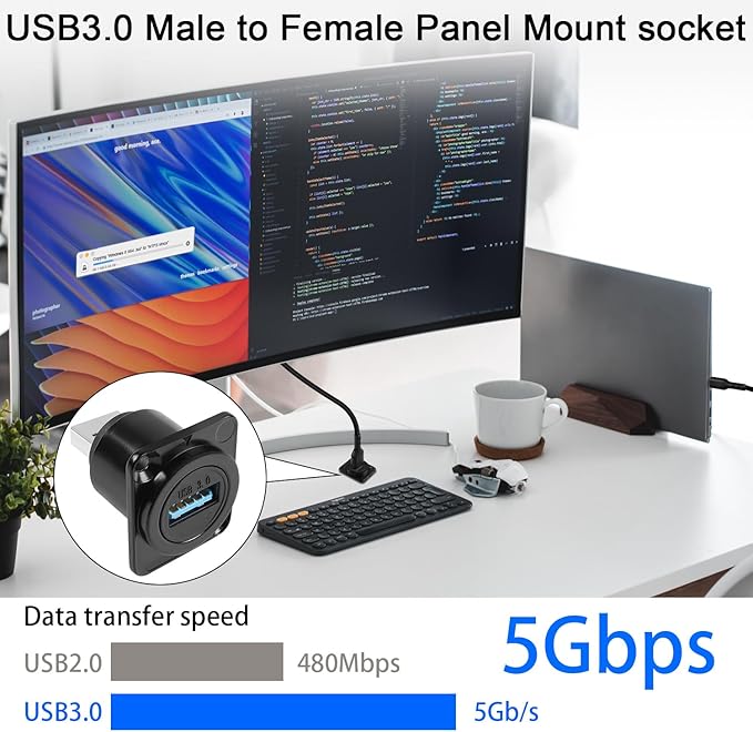 QIANRENON USB 3.0 Male to Female Panel Mount Adapter 5Gbps USB Plug to Socket Connector D/XLR Panel Mount for Data Transfer, Charging