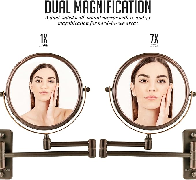 OVENTE 7" Wall Mounted Makeup Mirror with 1X/7X Magnification, Double Sided Magnifying Round Bathroom Vanity Mirror, 360° Swivel Design, Extendable and Folding Arm, Antique Bronze MNLFW70ABZ1X7X