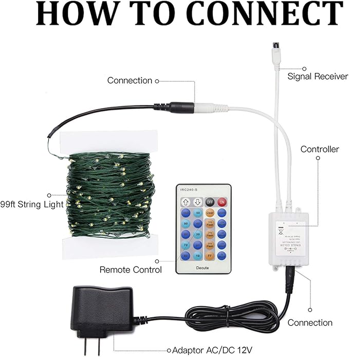 Decute 300LED 99FT Christmas Tree String Lights Green Wire Dimmable with Remote Control, UL Listed Plug in Fairy Starry Lights Decorative for Christmas Tree Party Wedding Indoor Outdoor Warm White