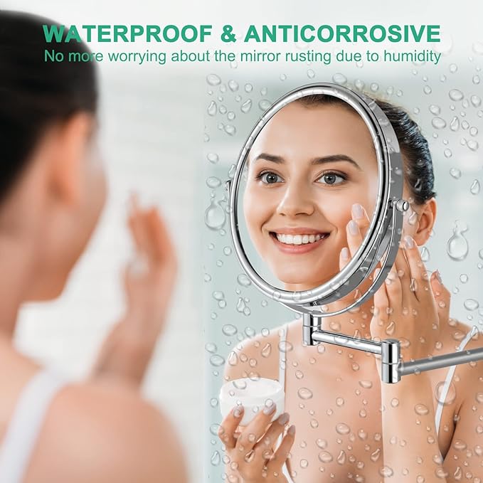 Wall Mounted Makeup Mirror, 3X Wall Mounted Magnifying Mirror Adjustable Height Double-Sided Mirrors for Bathroom Vanity,8 Inch Extendable Bathroom Mirror for Shaving 6 inches
