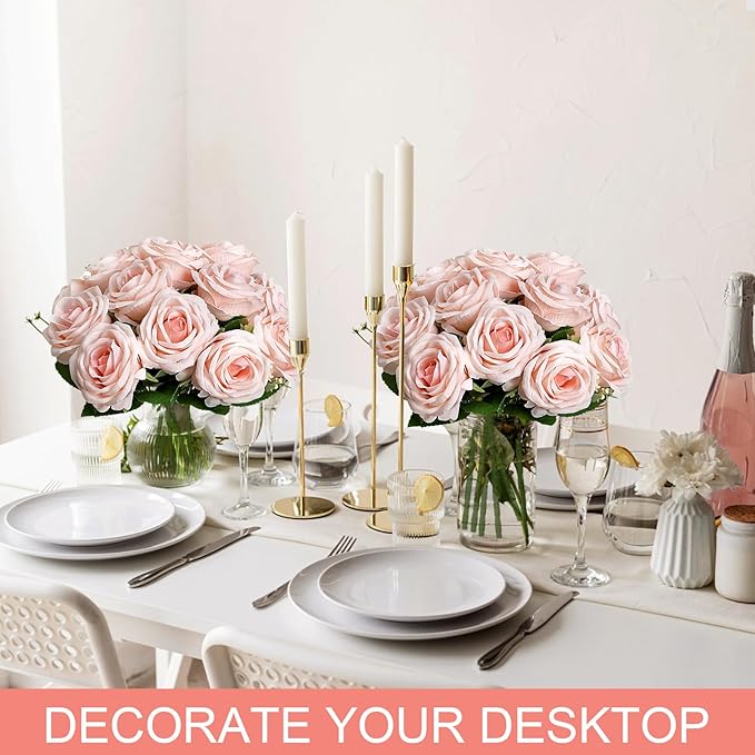 Artificial Roses Bouquets - 8 Bundles Fake Silk Flowers Realistic Faux Florals Bulk for Wedding Bridal Party Baby Shower Event Home Arrangements Centerpieces Decorations (Pink)