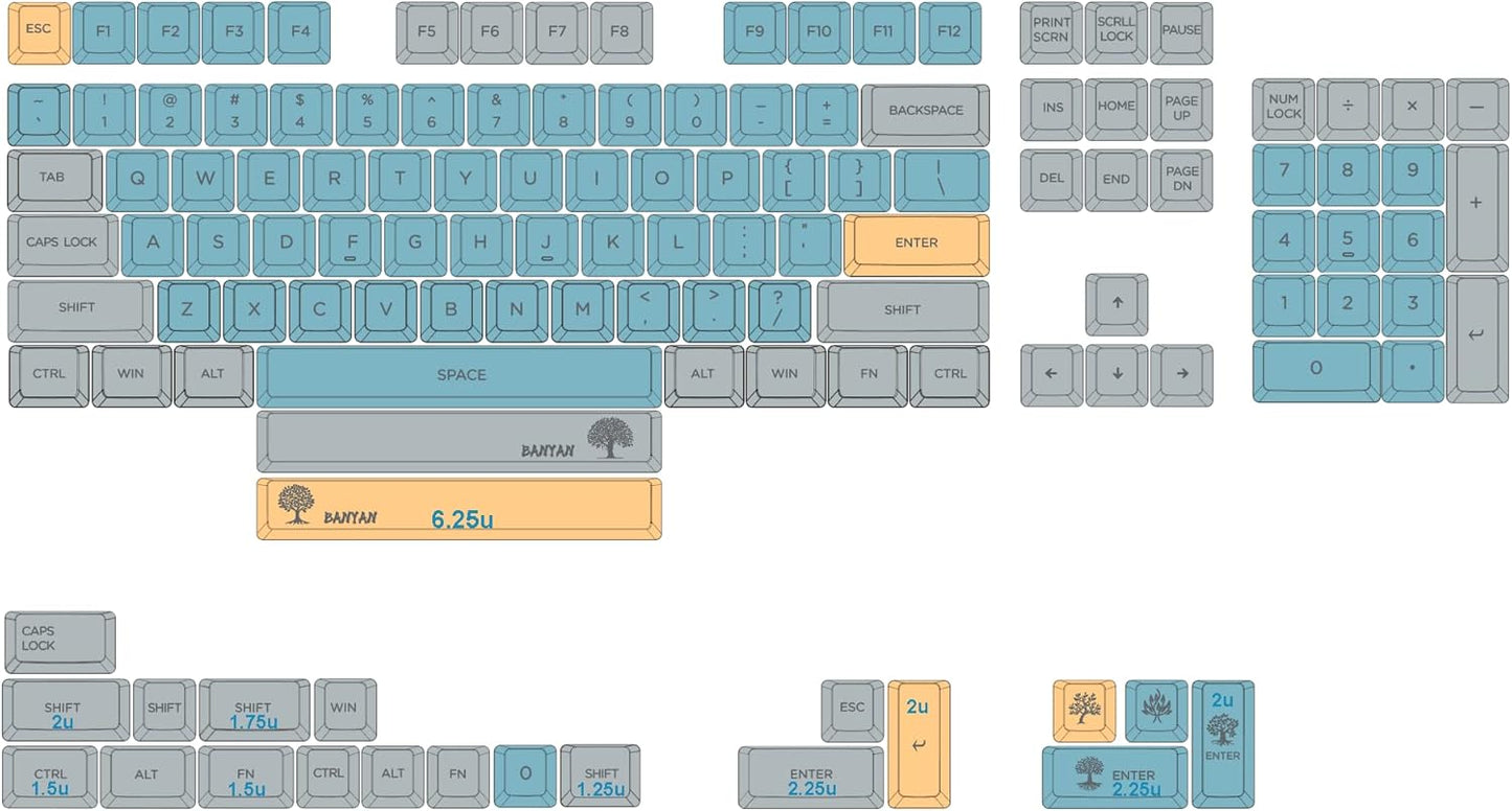 YMDK Banyan Keycaps 126 Key Dye Sub ZDA PBT Keycap, Similar to XDA for MX Keyboard 104 87 GK61 96 84