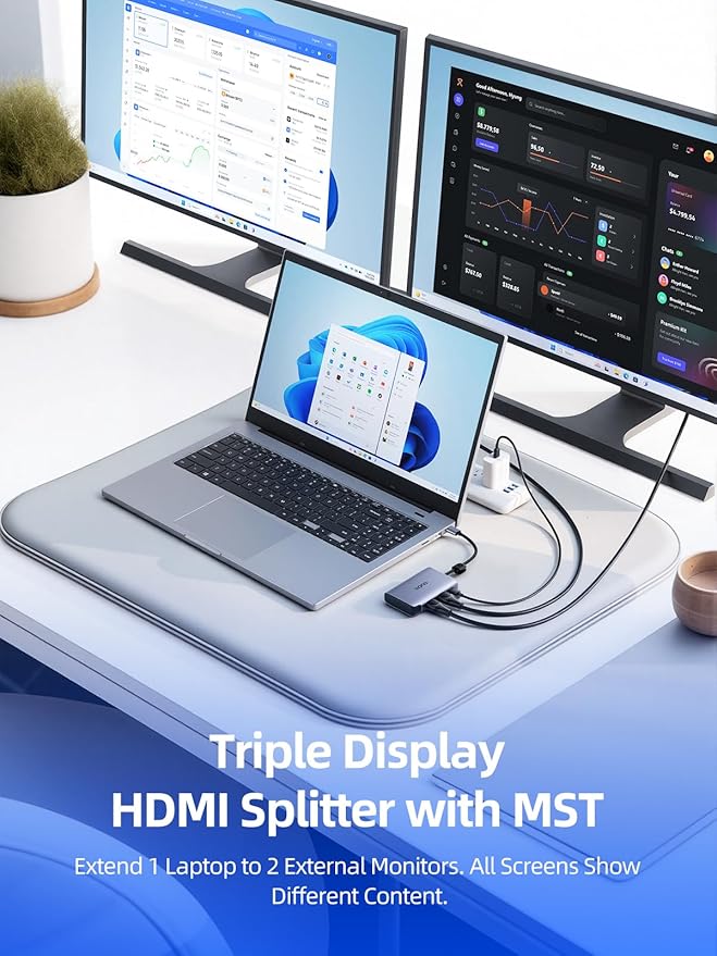 llano HDMI Splitter Extended Display for Dual Monitors,USB-C to Dual HDMI Adapter with 2 Port 4K@60Hz 2K@144Hz@120Hz Simultaneous Output & PD 100W, MST HDMI SplitExtend for MacBook Windows Laptop