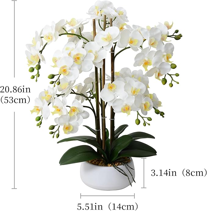 Ziwon Artificial Orchid Flowers & Plants Potted in Ceramic Pot, White Faux Phalaenopsis Orchids for Table Centerpiece, Realistic Fake Flower Arrangement for Home Office Decor Indoor