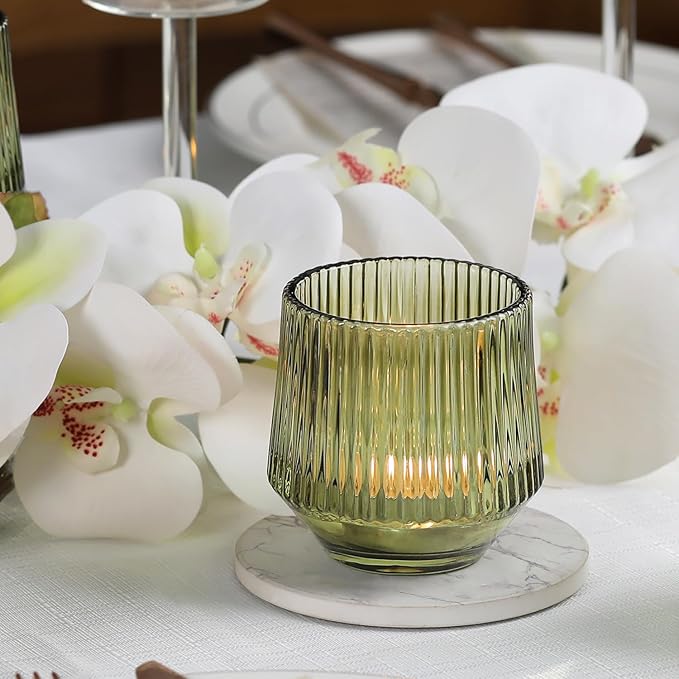 LAMORGIFT 12 Pcs Large Green Ribbed Glass Tea Light Holders - 3.15" x 3.15" - Green Wedding Decor, Table Centerpieces