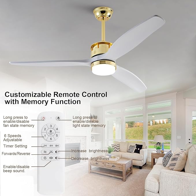 BOJUE 52 Inch Solid Wood Gold Ceiling Fans with Lights and Remote, Reversible Quite DC Motor,6 Speeds with Memory Program,Modern Farmhouse Ceiling Fan with Light for Living Room Patio