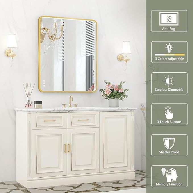 LED Bathroom Mirror with Lights, 30x36 Inch Gold Metal Framed LED Mirror for Bathroom, 3 Colors and Stepless Dimmable Wall Mounted Lighted Bathroom Vanity Mirror, Anti-Fog, Memory