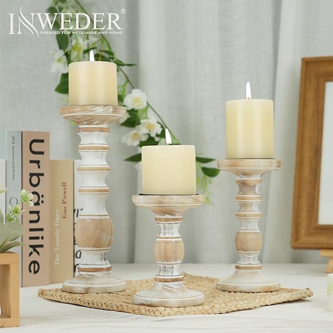 Wood Pillar Candle Holder: 3Pcs Rustic Candle Holders for Pillar Candles Wood Candle Holders Distressed Wooden Farmhouse Large Candle Holder Fireplace Table (Rustic White, 5.9", 7.87", 11")