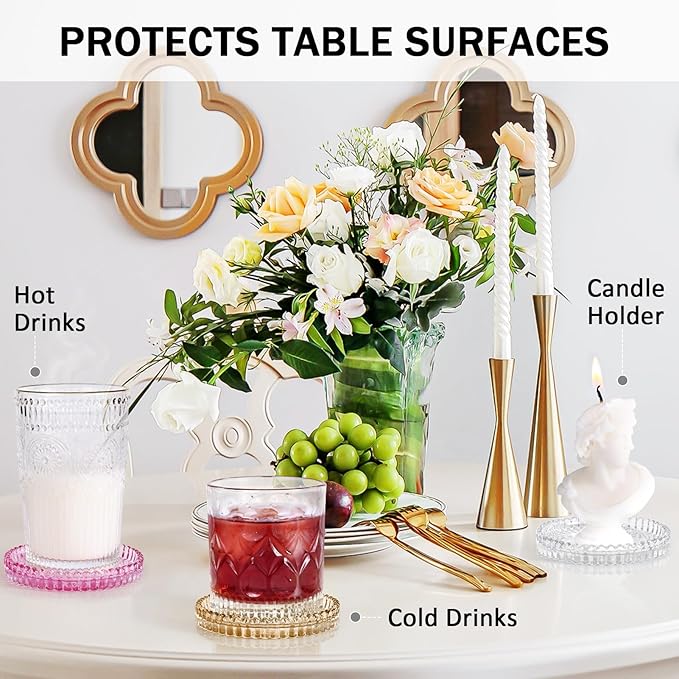 Glass Candle Holders, GOH DODD Set of 8 Crystal Pillar Plates Modern Coasters for Drinks, Centerpiece, Home Decor, Kitchen, Living Room, Patio, Wedding, Halloween, Christmas, Party, Mixed Colors