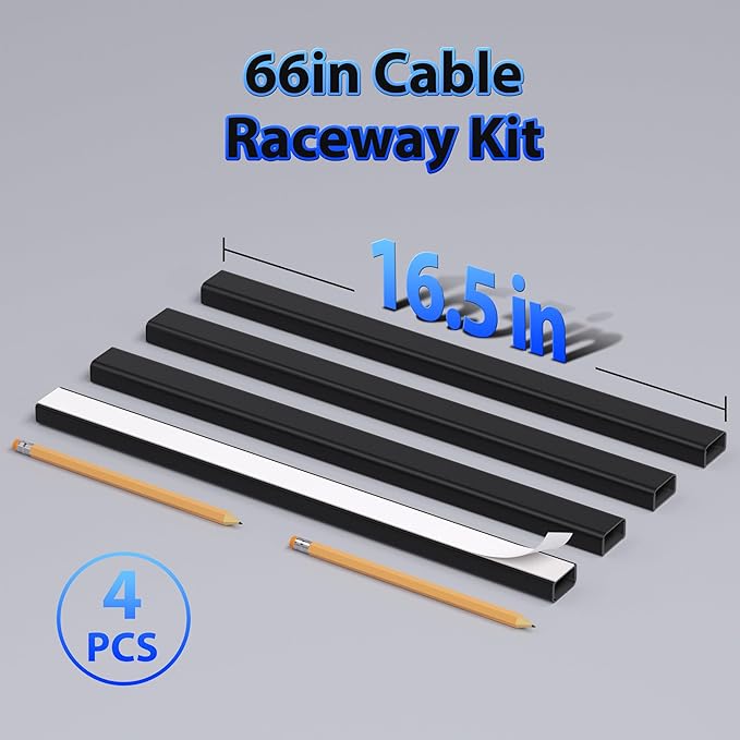 66in (4X L16.5in) Large Wire Hiders for TV on Wall for 3-4 Cords - ZhiYo PVC Cable Cover Kit with Pre-Applied Adhesive Tape, Ideal for Wall Mounted TVs Home Office, W1.2in x H0.7in Black