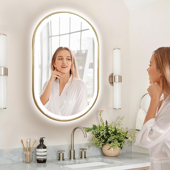 Niccy Oval LED Mirror for Bathroom, 32x20 Front Lit + Backlit Vanity Mirrors with Light Anti-Fog, Shatter-Proof, Makeup Mirror with Gold Frame (Horizontal/Vertical)