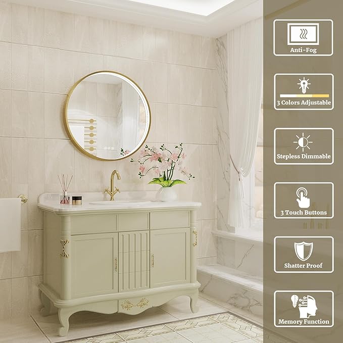 24 Inch Round LED Bathroom Mirror, Gold Metal Framed Lighted Mirror for Bathroom, Wall Mouted LED Vanity Mirror with Lights, 3 Colors and Stepless Dimmable, Anti-Fog, Memory