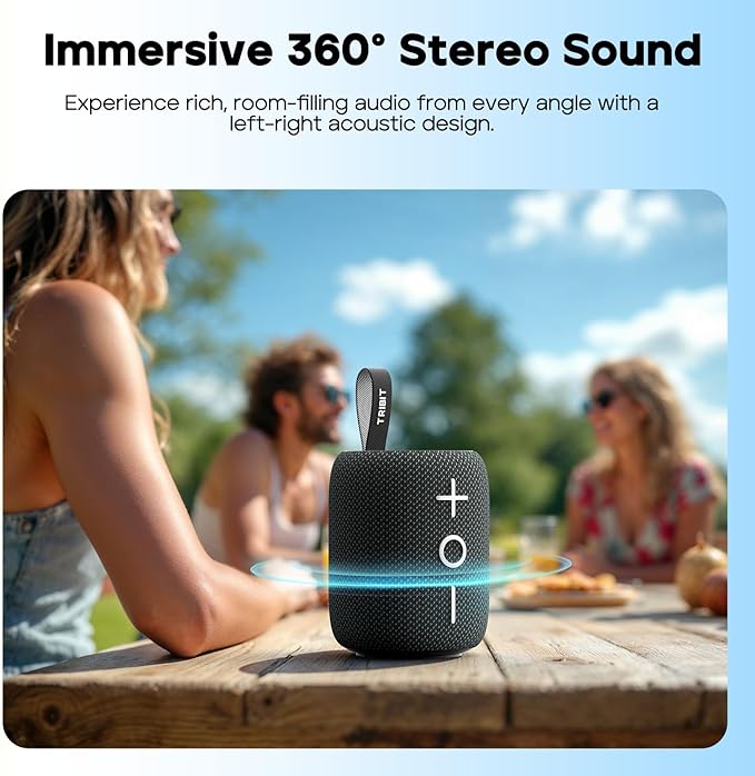 Tribit StormBox Mini+ Portable Bluetooth Speaker, 12W Wireless Speaker with 360°Surround Sound, 12H Playtime, Custom EQ, BT5.4, IPX7 Waterproof, RGB Lights, Type-C, TWS, AAC/SBC, Home/Outdoor/Travel