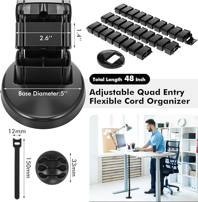 Yaomiao 1 Pack Under Desk Vertebrae Cable Management Kit Standing Desk 48'' Adjustable Quad Entry Flexible Cord Organizer with Ties, Stick-on Clips Cable Management Set for Home User Office Worker