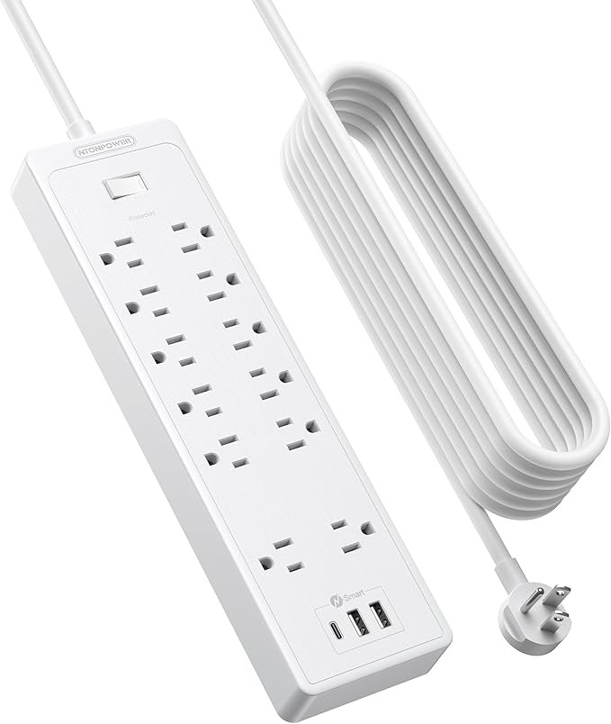 25Ft Extension Cord, NTONPOWER Long Cord Power Strip with 12 Outlet 3 USB(1 USB C), 2100 Joules Surge Protector, 1875W/15A, Overload Protection, Wall Mount for Home Office, Workbench, Garage, White