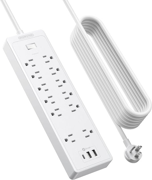 25Ft Extension Cord, NTONPOWER Long Cord Power Strip with 12 Outlet 3 USB(1 USB C), 2100 Joules Surge Protector, 1875W/15A, Overload Protection, Wall Mount for Home Office, Workbench, Garage, White