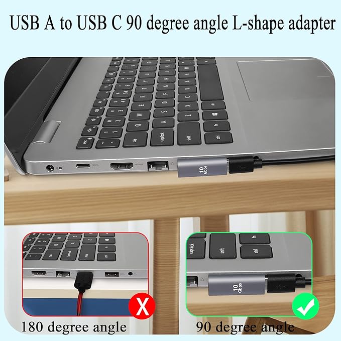 QIANRENON 90° Angle USB C to USB Adapter 10Gbps USB 3.1 Male to USB C Female Left Angle L-Shape Connector,Al Alloy Support 100W Charging, for PC Laptop Tablet, 2Pcs (Left Angle Vertical Bend)