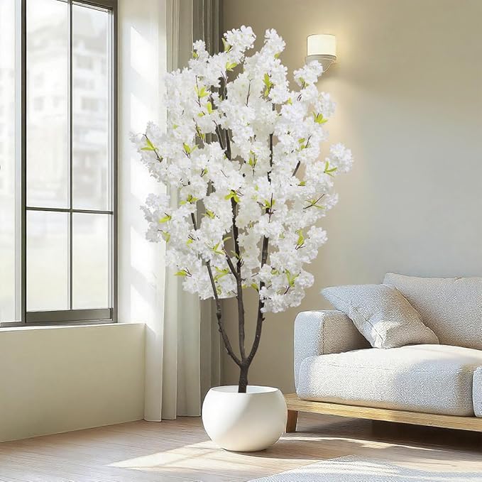 Faux White Cherry Blossoms Tree 6FT Flowering Tree Artificial Cherry Blossom Tree for Bedroom Home Decor