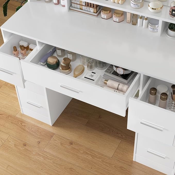 usikey 43.3" Vanity Desk with Large Lighted Mirror, Makeup Vanity Table with 7 Drawers & 10 Lights Bulbs, 3 Lighting Colors, Make Vanity Desk, Vanity Table for Women Girls, White