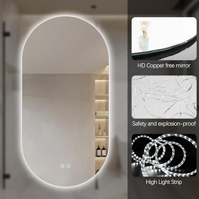 55"x28" Oval Led Bathroom Mirror with Lights, Frameless Backlit Vanity Mirror for Wall, Anti Fog Smart Mirror with 3 Colors Stepless Dimmable, Waterproof, Explosion-Proof, Vertical/Horizontal