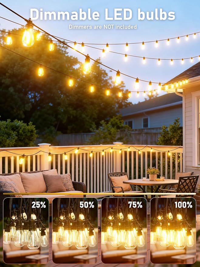 200FT LED Outdoor String Lights with 60 Edison Shatterproof IP65 Waterproof Bulbs, 2700K Dimmable Commercial Grade Patio Lights, Heavy Duty Outside Hanging Light for Garden Decor