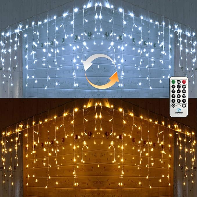 Toodour Christmas Icicle Lights Outdoor, 2 in 1 White & Warm White Color Changing Icicle Lights with 60 Drops, 29.5ft 360 LED Christmas Light Fairy Twinkle Light for Wedding Home Outdoor Xmas Decor