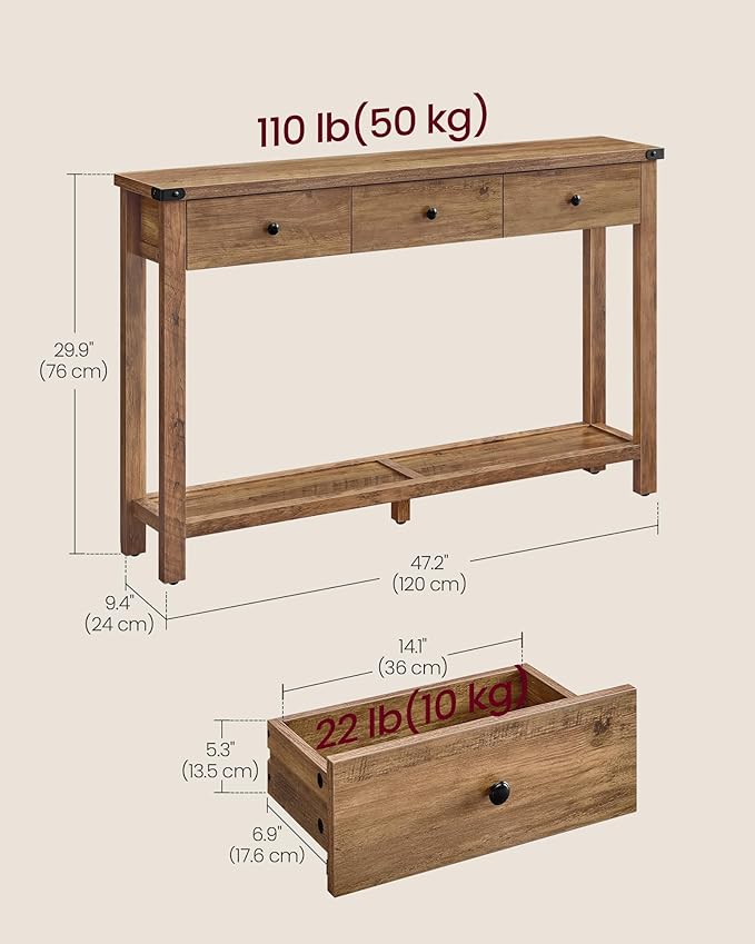 VASAGLE Console Table, Sofa Table, Narrow Entryway Table, Entry Table with 3 Drawers, Open Storage Shelf, Metal Corners, for Living Room, Farmhouse Style, Honey Brown ULNT142KB02S