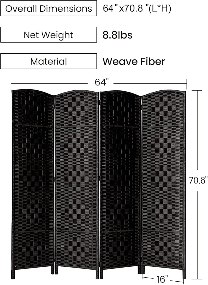 Rose Home Fashion Room Divider, 6 ft Tall Room Dividers and Folding Privacy Screens, 16in Privacy Screen 4 Panel Black Space Temporary Wall Foldable Partition Separation