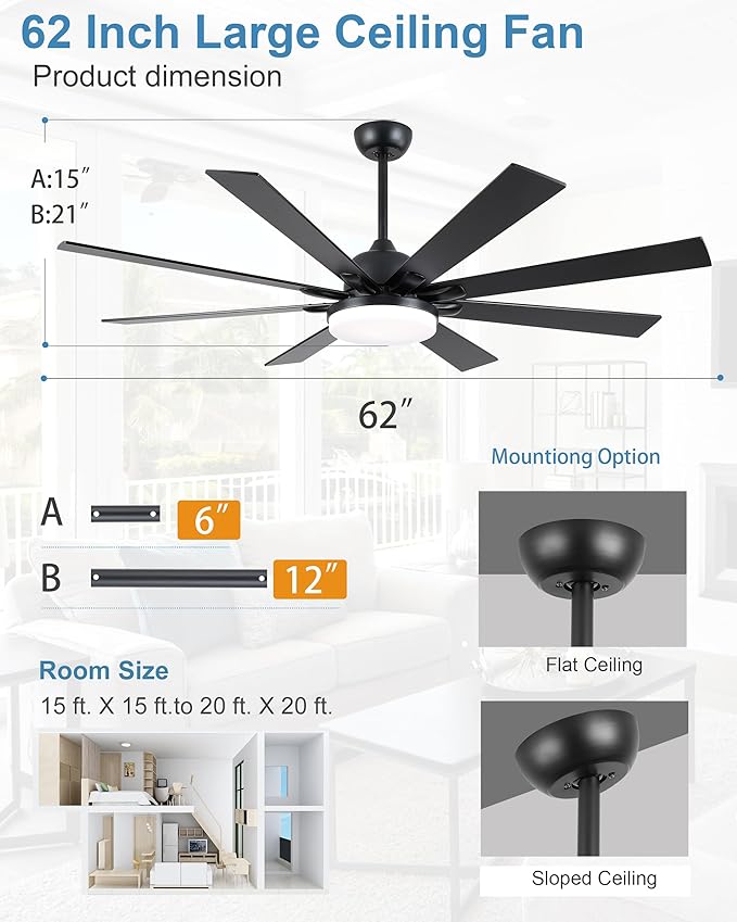 62 Inch Ceiling Fans with Lights,Large Modern Ceiling fan with Remote and 8 Wooden Blades,Dimmable,6 Speeds,Noiseless Reversible Indoor&Outdoor Fan for Bedroom,Patio,Living Room
