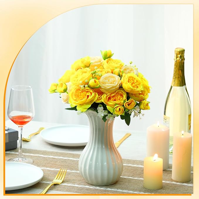 Geosar 8 Bundles Artificial Peonies Flowers Fake Silk Peony Bouquet Faux Peonies Flowers Bulk for Decoration Vase Floral Arrangements Wedding Party Table (Yellow,Champagne)