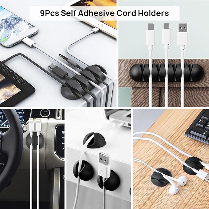 Cable Management Kit - 4 Cable Sleeve, 57 Self Adhesive Cable Clips, 12 Hanging Strips, 12 Cable Organizer Straps and 100 Fastening Cable Ties for TV Computer Under Desk (Black and White)