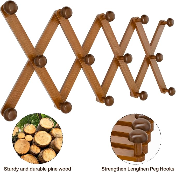 WGFKVAS Hat Rack for Wall with 14 Hooks, Solid Wooden, Expandable Coat Rack Wall Mount for Coats, Hats, Bags, Baseball Caps, Brown