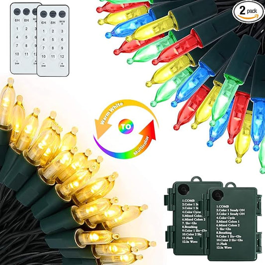 Battery Christmas Lights 2 Pack, 17ft 50 LED Dual Color Changing Mini String Light with 3 Auto-Timer Options and 12 Lighting Modes Waterproof Tree Lights (Warm White & Multicolor, 50 LEDs x 2 Pack)