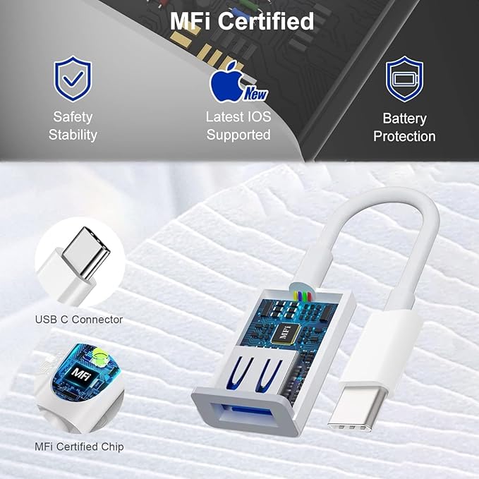 [Apple MFi Certified] USB C to USB Adapter, USB C Male to USB 3.0 Female OTG Cable Converter Compatible with MacBook Pro Air, Tablets, iPhone 17 Pro Max/17 Plus/16/15 Series, Galaxy S24/S23/S22, White
