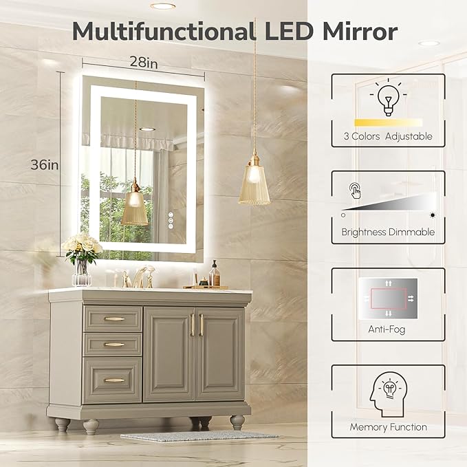 USHOWER LED Bathroom Mirror 28x36 Inch with Lights - Frameless Tempered Glass LED Backlit Lighted Mirror for Bathroom Vanity with Anti-Fog, 3 Colors Dimmable, Memory Function, Wall-Mounted