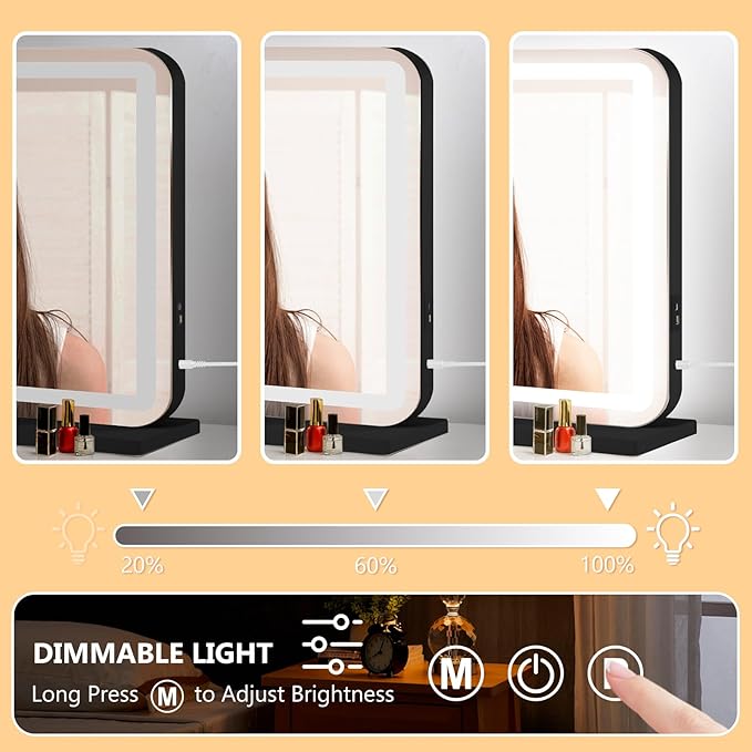 23"x18" Black Vanity Mirror with Lights, Led Makeup Mirror, Lighted Makeup Mirror with 3 Color Dimmable Lights, Smart Touch Screen Control, Aluminum Metal Frame,USB Charging Port