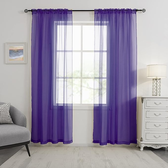 HUTO Purple Sheer Curtains 96 Inches Long for Bedroom Girls Rod Pocket Window Sheer Panels Drapes for Living Room Classroom Set of 2 Panels 52 inches Wide