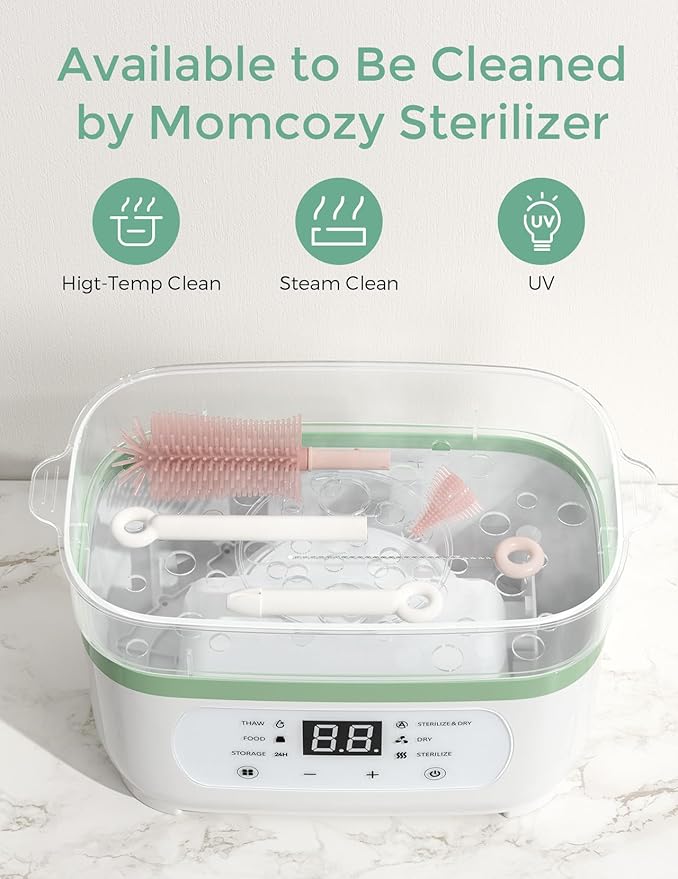 Momcozy Bottle Brush Set - Baby Bottle Cleaner Kit with Silicone Brush, Nipple Brush, Straw Brush, Soap Dispenser, Drying Rack - 7 in 1 Bottle Cleaning Tool for Home and Travel, Pink