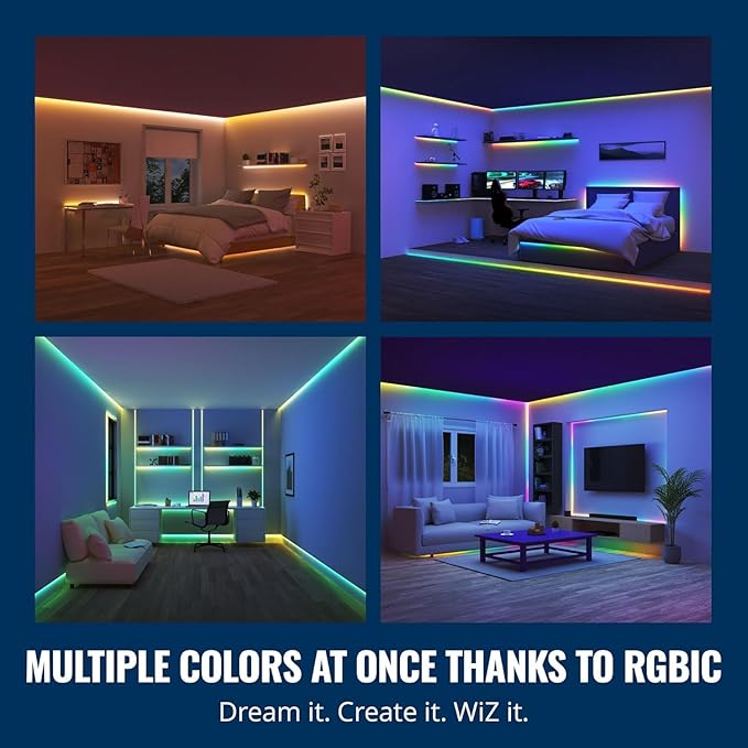 WiZ Connected 16.4 ft LED Light Strip For Your Smart Home, Flowing Multicolor LED Lights, Color-Changing RGBIC Lighting, Cuttable, Voice/App Control, Works with Google Home, Alexa and HomeKit